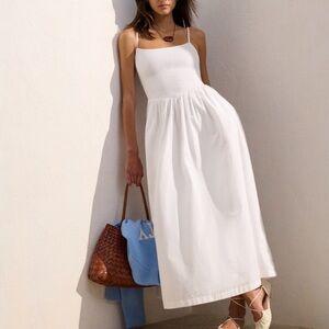 Abercrombie & Fitch White Dipped-Waist Smocked Midi Dress